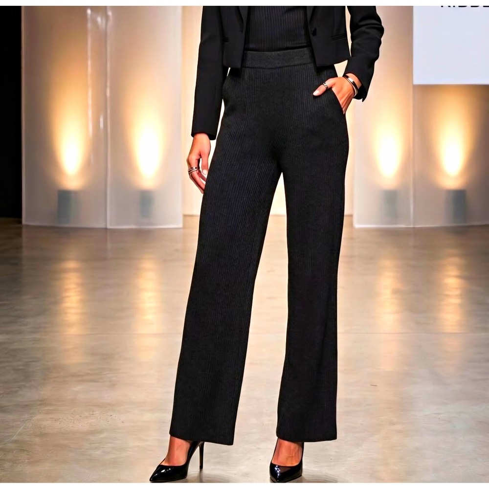 Women's Blue Knit Wide-Leg Dress Pants M Polyester/Spandex Stretch Solid
